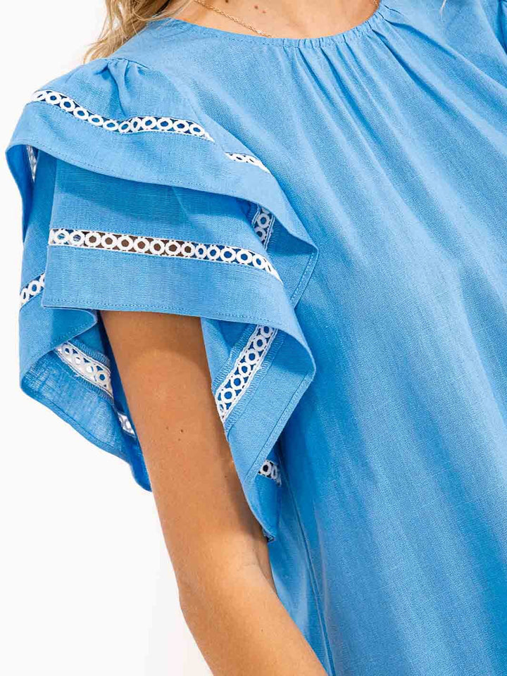 WOMEN'S SHORT RUFFLE SLEEVE TRIM DETAILED LINEN BLOUSE