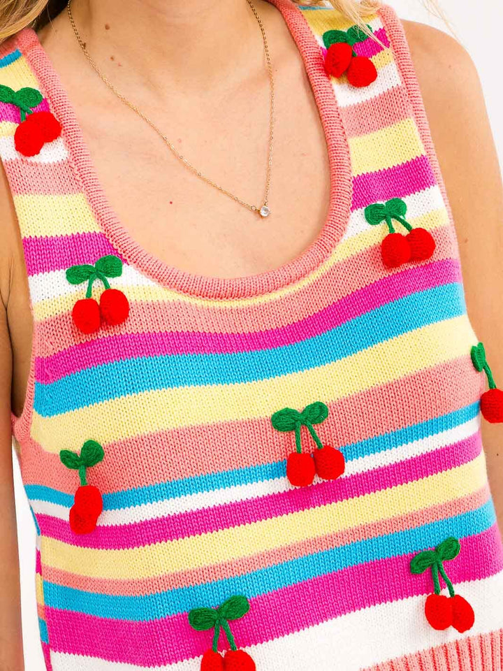 WOMEN'S SLEEVELESS COLORBLOCK KNIT CHERRY DETAILED TANK TOP