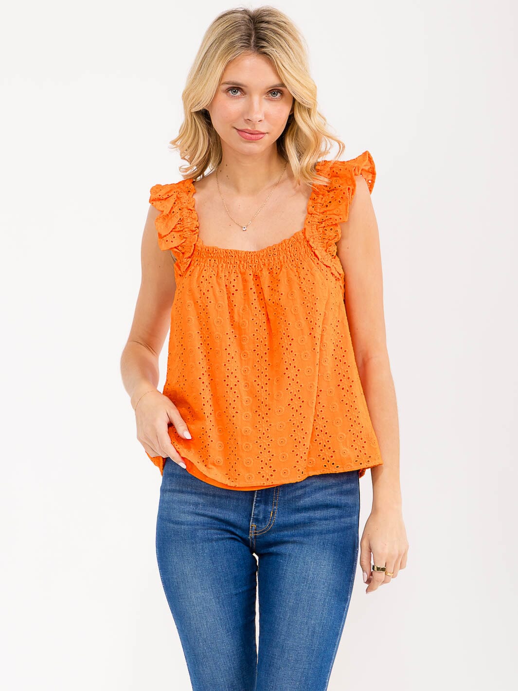 WOMEN'S SLEEVELESS SQUARE NECK EYELET TANK TOP