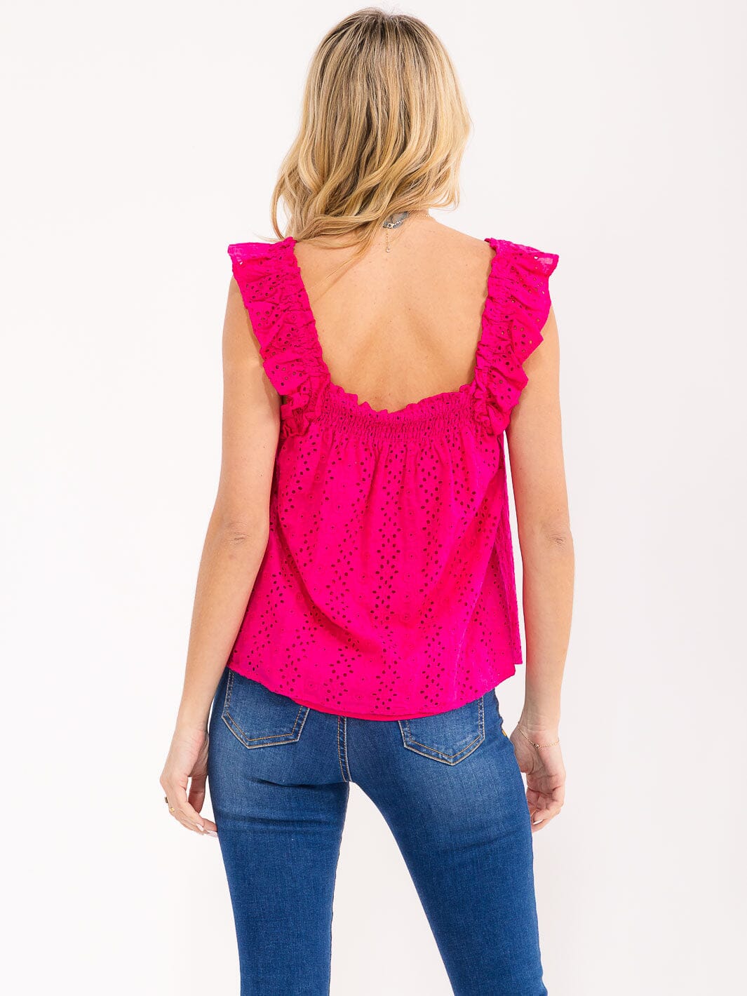 WOMEN'S SLEEVELESS SQUARE NECK EYELET TANK TOP