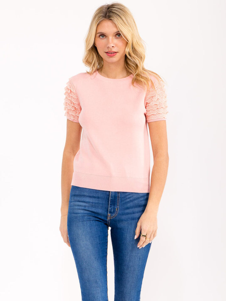WOMEN'S SHORT RUFFLE SLEEVE RIBBED BLOUSE