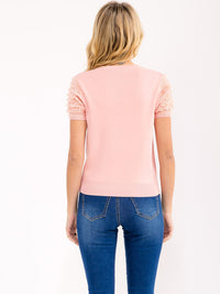 WOMEN'S SHORT RUFFLE SLEEVE RIBBED BLOUSE