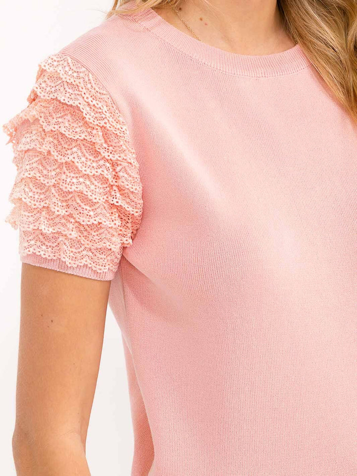 WOMEN'S SHORT RUFFLE SLEEVE RIBBED BLOUSE