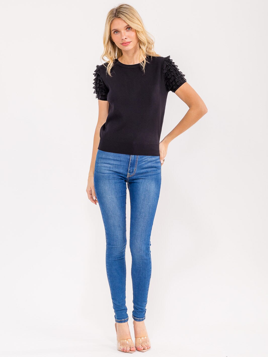 WOMEN'S SHORT RUFFLE SLEEVE RIBBED BLOUSE