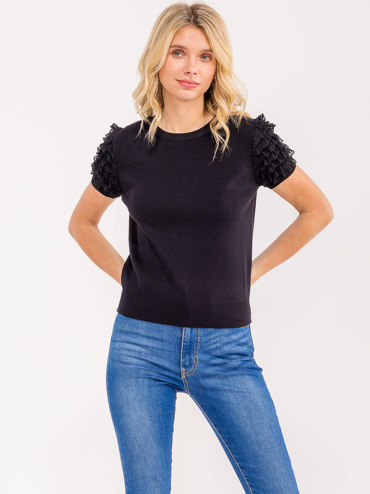 WOMEN'S SHORT RUFFLE SLEEVE RIBBED BLOUSE