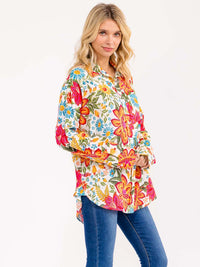 WOMEN'S LONG SLEEVE BUTTON CLOSURE FRONT POCKET FLORAL OVERSIZED SHIRT