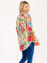 WOMEN'S LONG SLEEVE BUTTON CLOSURE FRONT POCKET FLORAL OVERSIZED SHIRT
