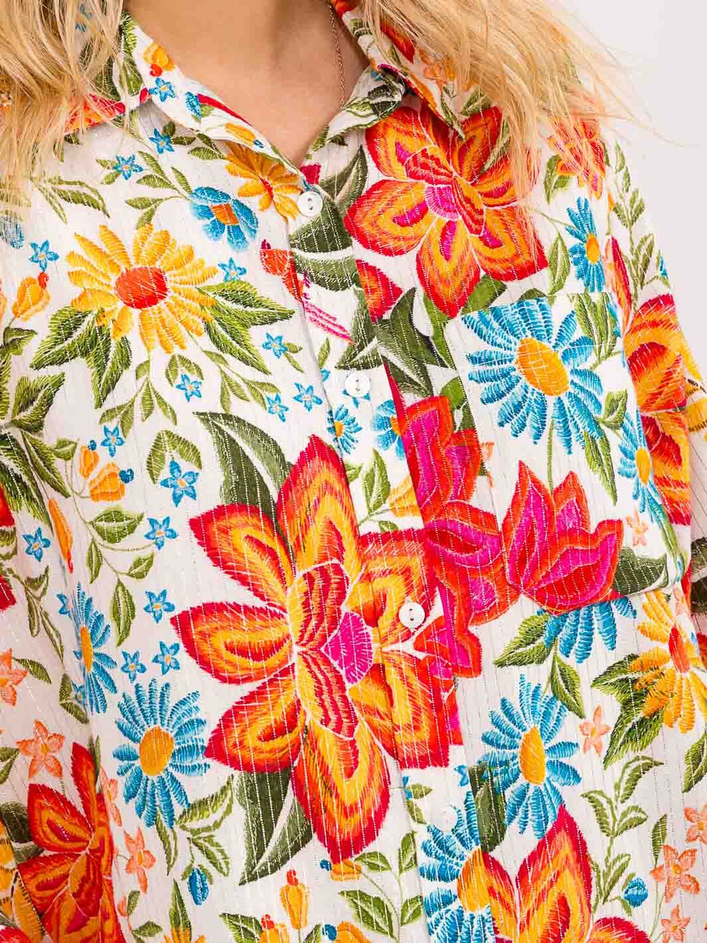 WOMEN'S LONG SLEEVE BUTTON CLOSURE FRONT POCKET FLORAL OVERSIZED SHIRT