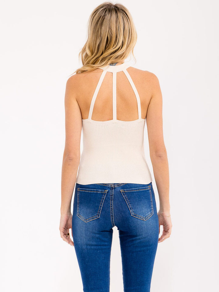 WOMEN'S SLEEVELESS HALTER NECK OPEN BACK RIBBED TANK TOP
