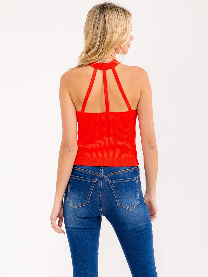 WOMEN'S SLEEVELESS HALTER NECK OPEN BACK RIBBED TANK TOP
