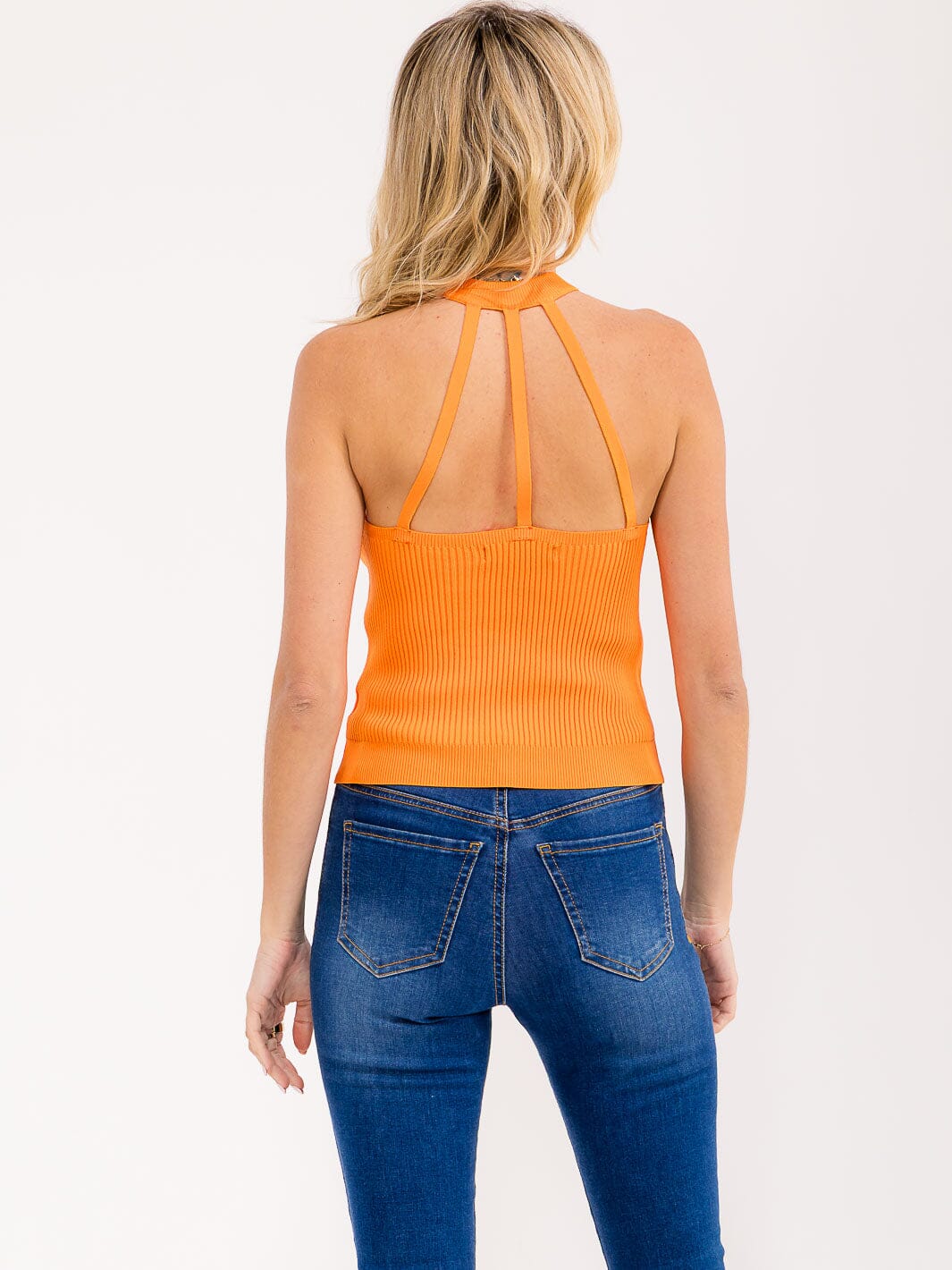 WOMEN'S SLEEVELESS HALTER NECK OPEN BACK RIBBED TANK TOP