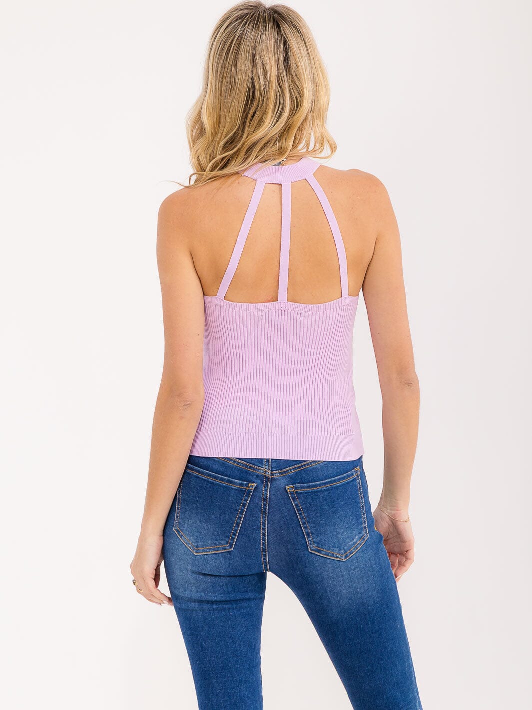 WOMEN'S SLEEVELESS HALTER NECK OPEN BACK RIBBED TANK TOP
