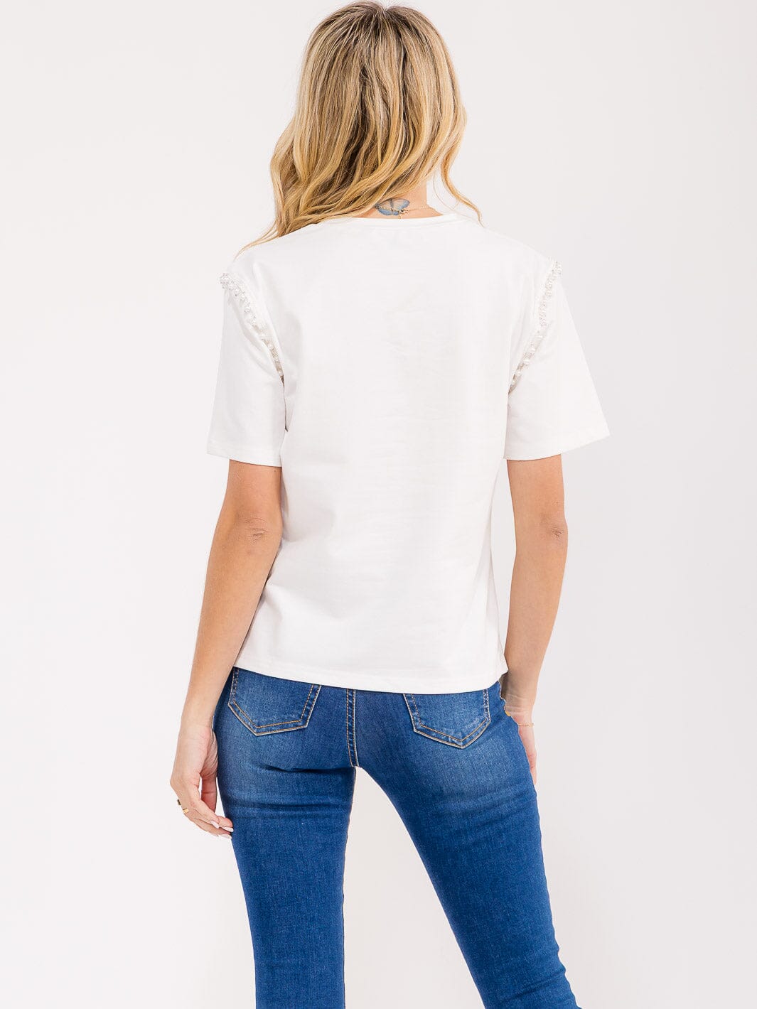 WOMEN'S SHORT SLEEVE PEARL DETAILED SOLID TOP