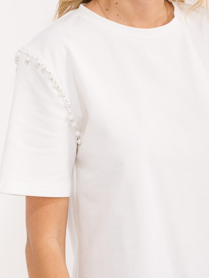 WOMEN'S SHORT SLEEVE PEARL DETAILED SOLID TOP