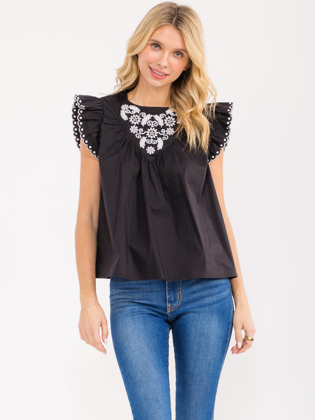 WOMEN'S RUFFLE SLEEVE TRIM DETAILED EMBROIDERY BLOUSE