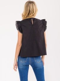 WOMEN'S RUFFLE SLEEVE TRIM DETAILED EMBROIDERY BLOUSE