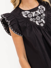 WOMEN'S RUFFLE SLEEVE TRIM DETAILED EMBROIDERY BLOUSE