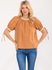 WOMEN'S SHORT PUFF SLEEVE TRIM DETAILED TOP