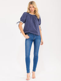 WOMEN'S SHORT PUFF SLEEVE TRIM DETAILED TOP