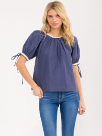 WOMEN'S SHORT PUFF SLEEVE TRIM DETAILED TOP