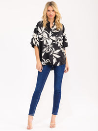 WOMEN'S SHORT SLEEVE BUTTON CLOSURE FRONT POCKET FLORAL OVERSIZED SHIRT