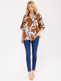 WOMEN'S SHORT SLEEVE BUTTON CLOSURE FRONT POCKET FLORAL OVERSIZED SHIRT