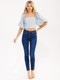 WOMEN'S SHORT PUFF SLEEVE SQUARE NECK SMOCK STUDS DETAILED DENIM TOP