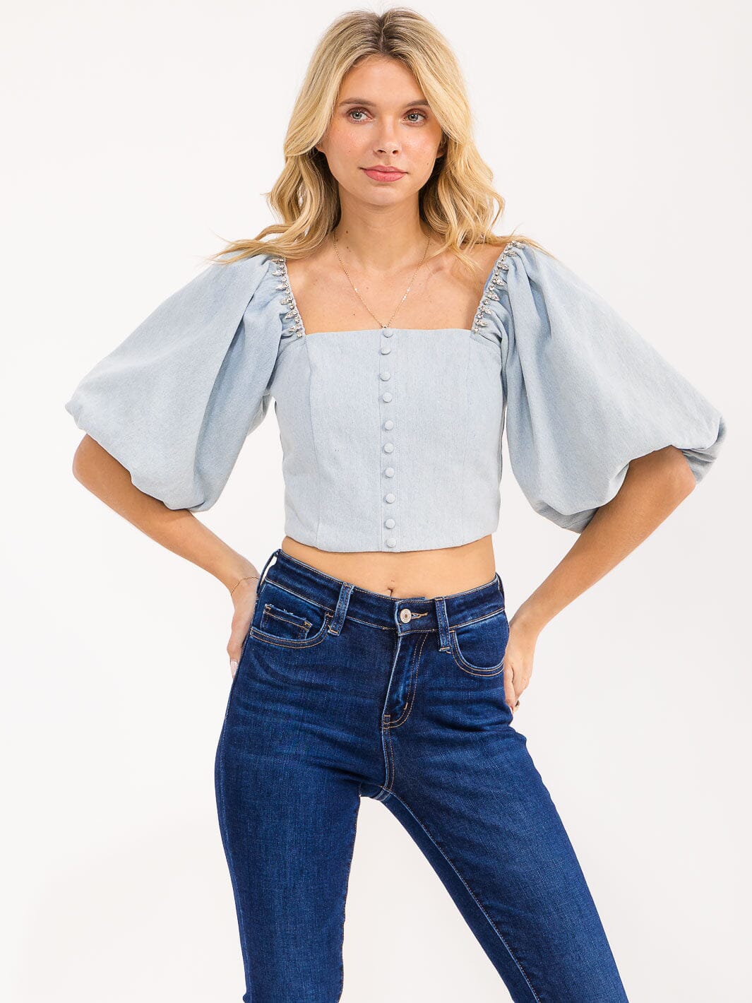 WOMEN'S SHORT PUFF SLEEVE SQUARE NECK SMOCK STUDS DETAILED DENIM TOP