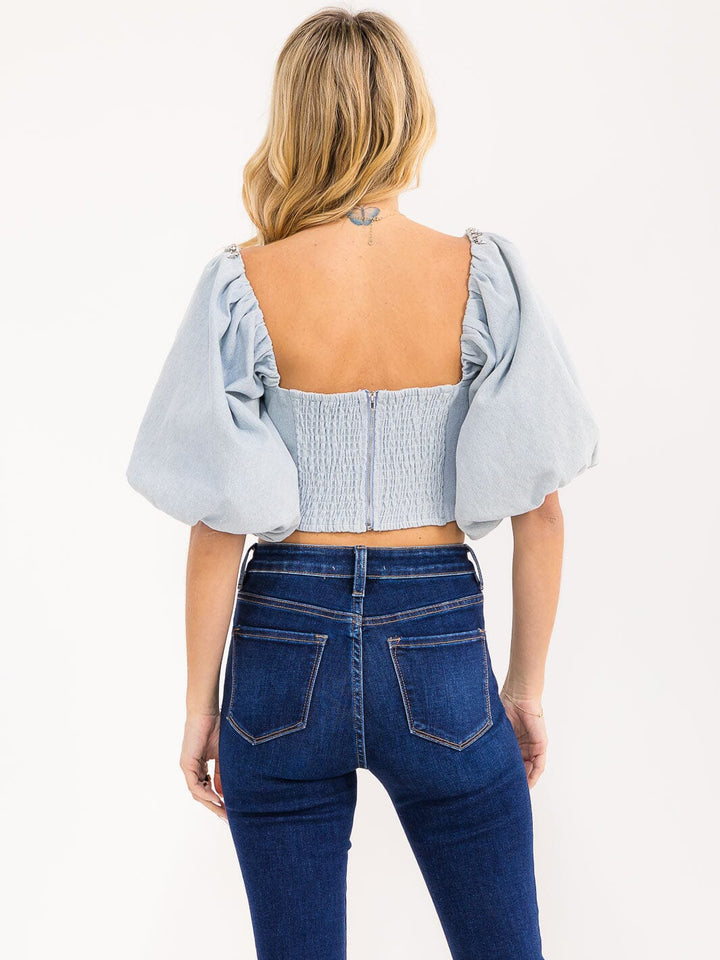 WOMEN'S SHORT PUFF SLEEVE SQUARE NECK SMOCK STUDS DETAILED DENIM TOP