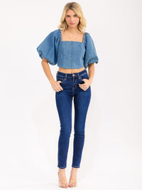 WOMEN'S SHORT PUFF SLEEVE SQUARE NECK SMOCK STUDS DETAILED DENIM TOP