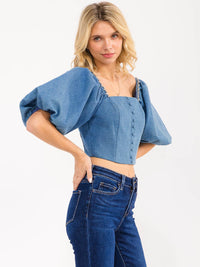 WOMEN'S SHORT PUFF SLEEVE SQUARE NECK SMOCK STUDS DETAILED DENIM TOP