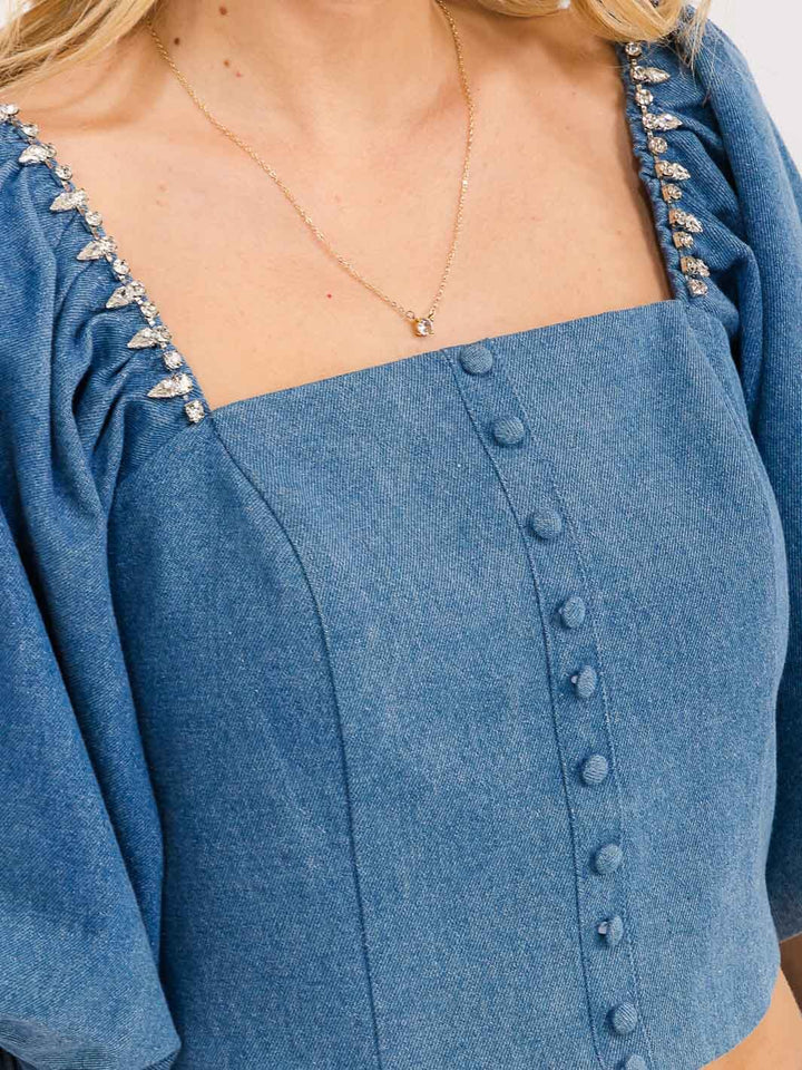 WOMEN'S SHORT PUFF SLEEVE SQUARE NECK SMOCK STUDS DETAILED DENIM TOP