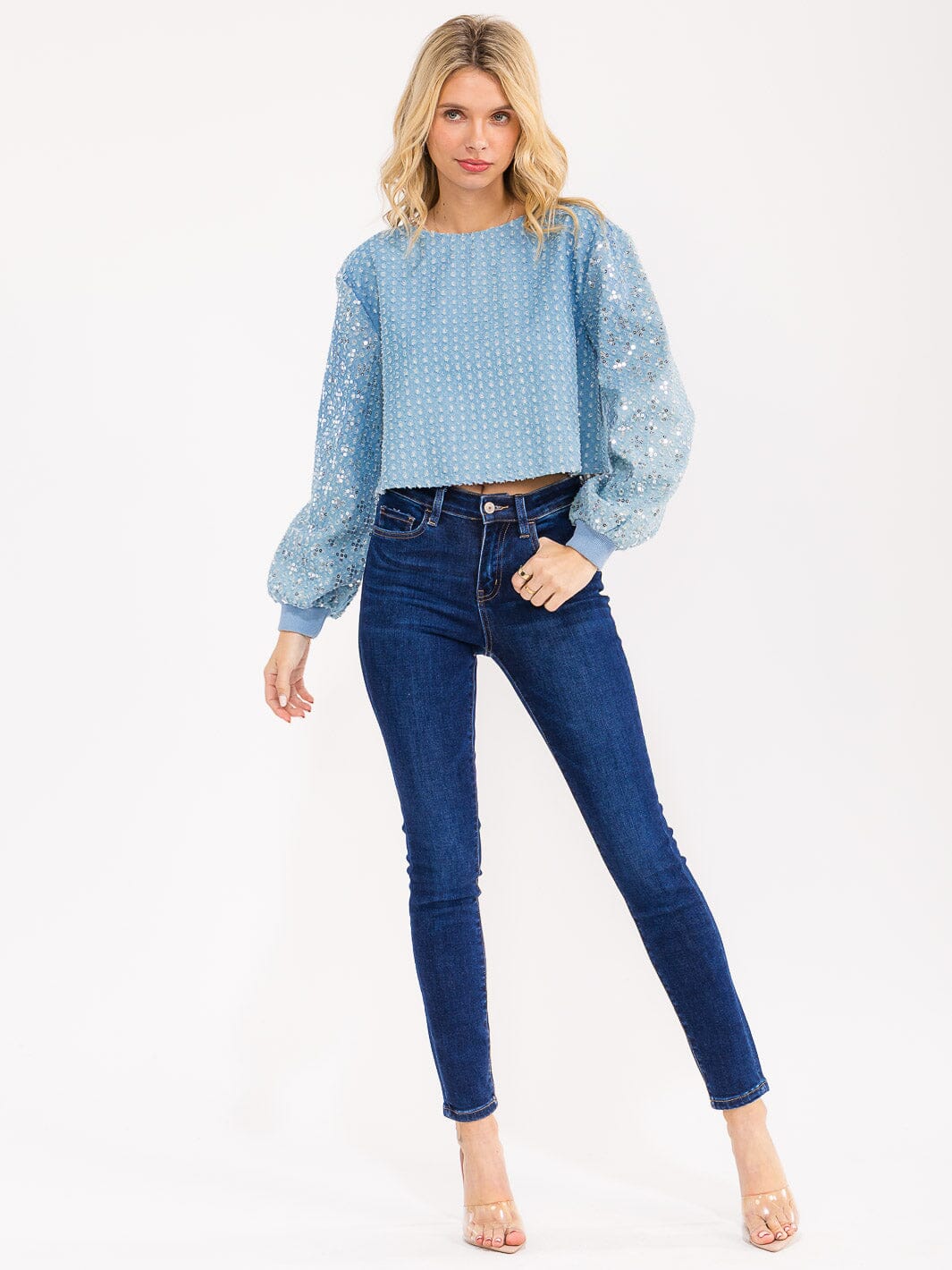 WOMENS'S LONG SLEEVE DISTRESS SEQUINS SHIMMER DENIM TOP
