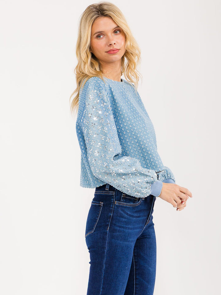 WOMENS'S LONG SLEEVE DISTRESS SEQUINS SHIMMER DENIM TOP