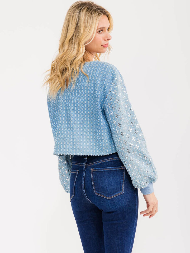 WOMENS'S LONG SLEEVE DISTRESS SEQUINS SHIMMER DENIM TOP