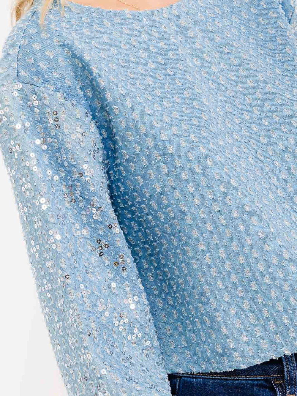 WOMENS'S LONG SLEEVE DISTRESS SEQUINS SHIMMER DENIM TOP
