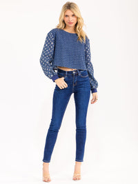 WOMENS'S LONG SLEEVE DISTRESS SEQUINS SHIMMER DENIM TOP