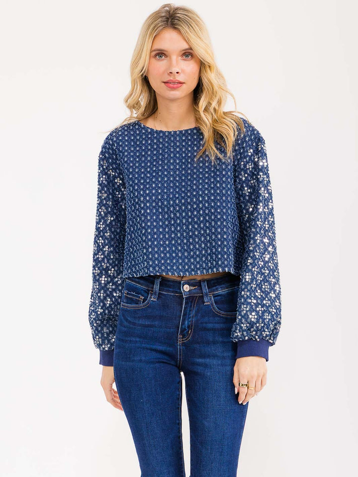 WOMENS'S LONG SLEEVE DISTRESS SEQUINS SHIMMER DENIM TOP