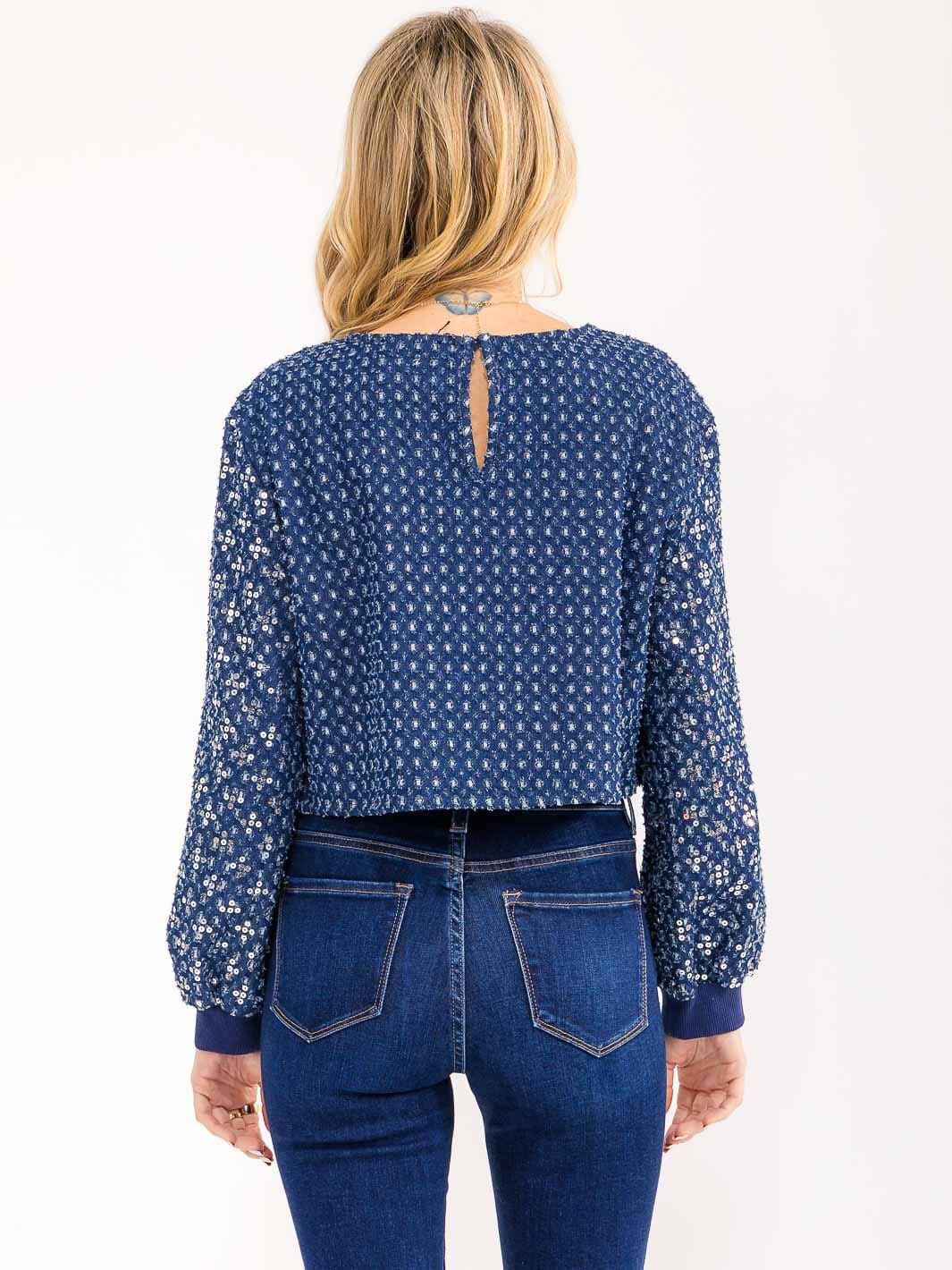 WOMENS'S LONG SLEEVE DISTRESS SEQUINS SHIMMER DENIM TOP