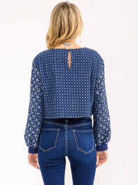 WOMENS'S LONG SLEEVE DISTRESS SEQUINS SHIMMER DENIM TOP