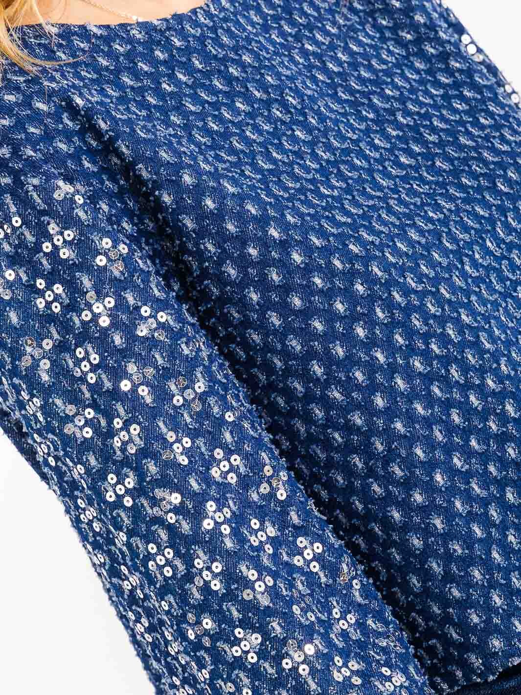 WOMENS'S LONG SLEEVE DISTRESS SEQUINS SHIMMER DENIM TOP