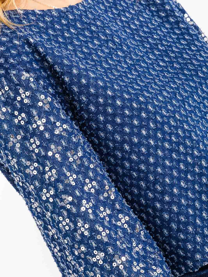 WOMENS'S LONG SLEEVE DISTRESS SEQUINS SHIMMER DENIM TOP