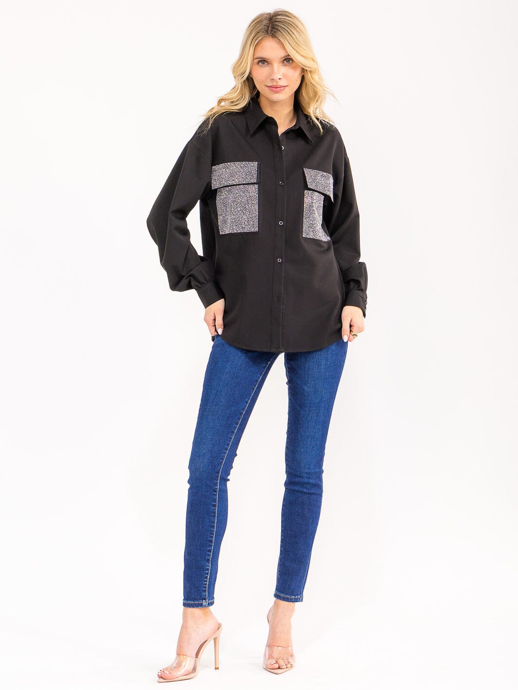 WOMENS'S LONG SLEEVE BUTTON CLOSURE FRONT SHIMMER POCKETS SHIRT