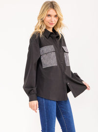 WOMENS'S LONG SLEEVE BUTTON CLOSURE FRONT SHIMMER POCKETS SHIRT