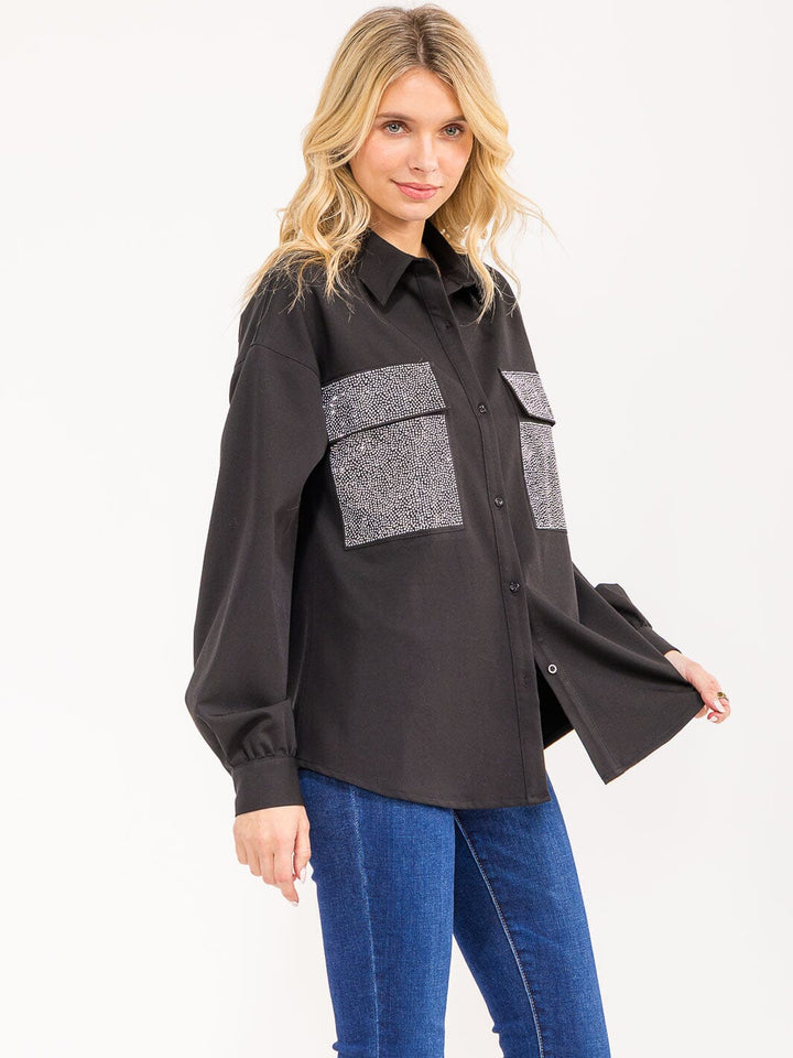 WOMENS'S LONG SLEEVE BUTTON CLOSURE FRONT SHIMMER POCKETS SHIRT