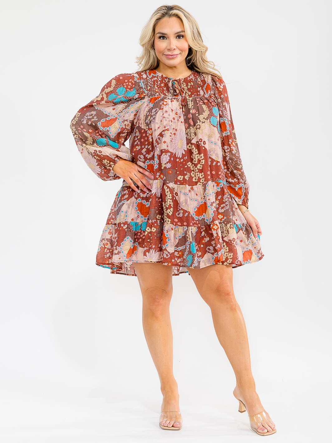 PLUS SIZE LONG SLEEVE TIERED FLORAL PRINT FRONT POCKETS MINI DRESS