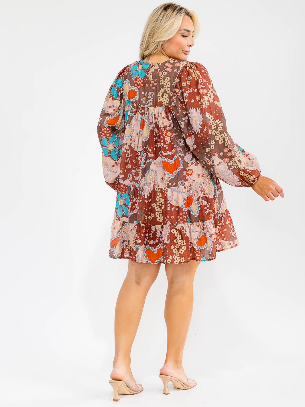 PLUS SIZE LONG SLEEVE TIERED FLORAL PRINT FRONT POCKETS MINI DRESS