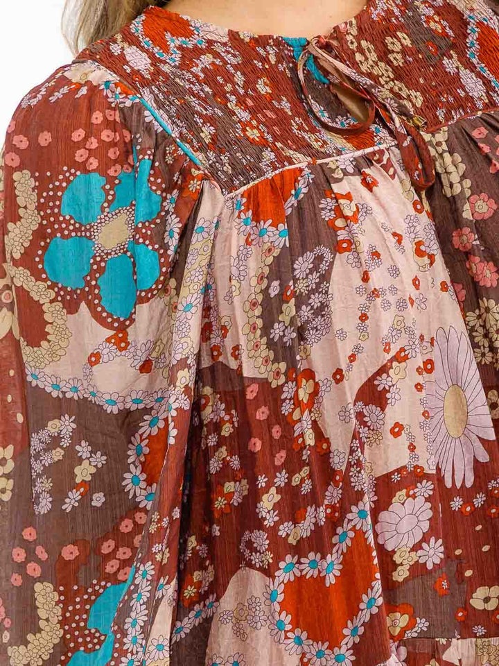 PLUS SIZE LONG SLEEVE TIERED FLORAL PRINT FRONT POCKETS MINI DRESS