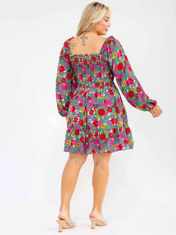 PLUS SIZE LONG SLEEVE SMOCK FLORAL PRINT TIERED MINI DRESS