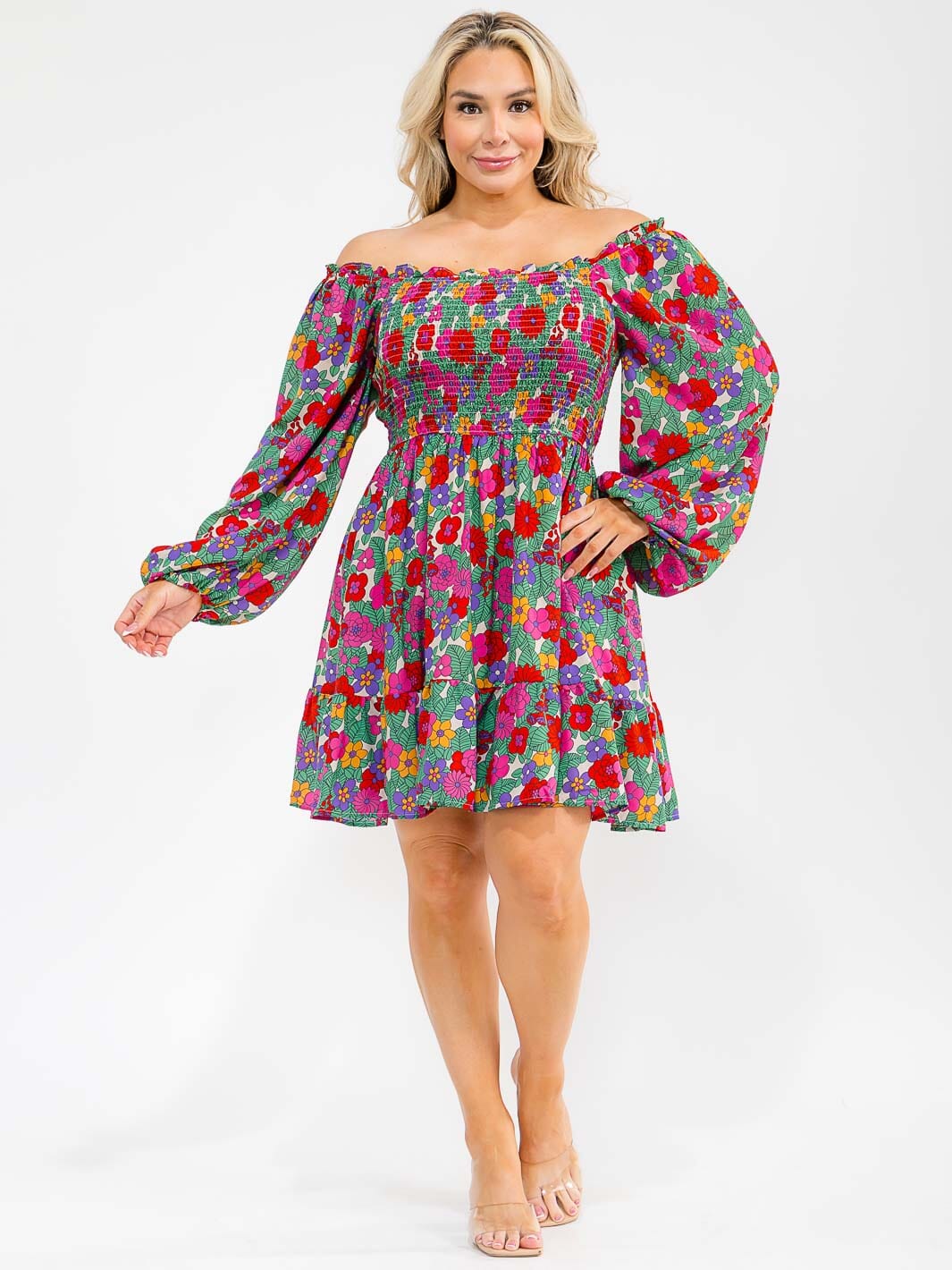 PLUS SIZE LONG SLEEVE SMOCK FLORAL PRINT TIERED MINI DRESS